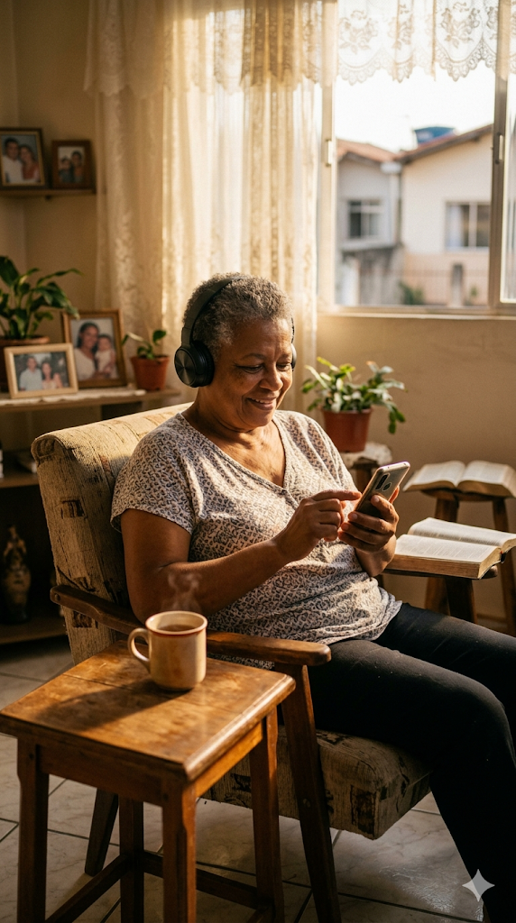Senhora ouvindo a Biblia com fones de ouvido em casa, com cafe e Biblia ao lado